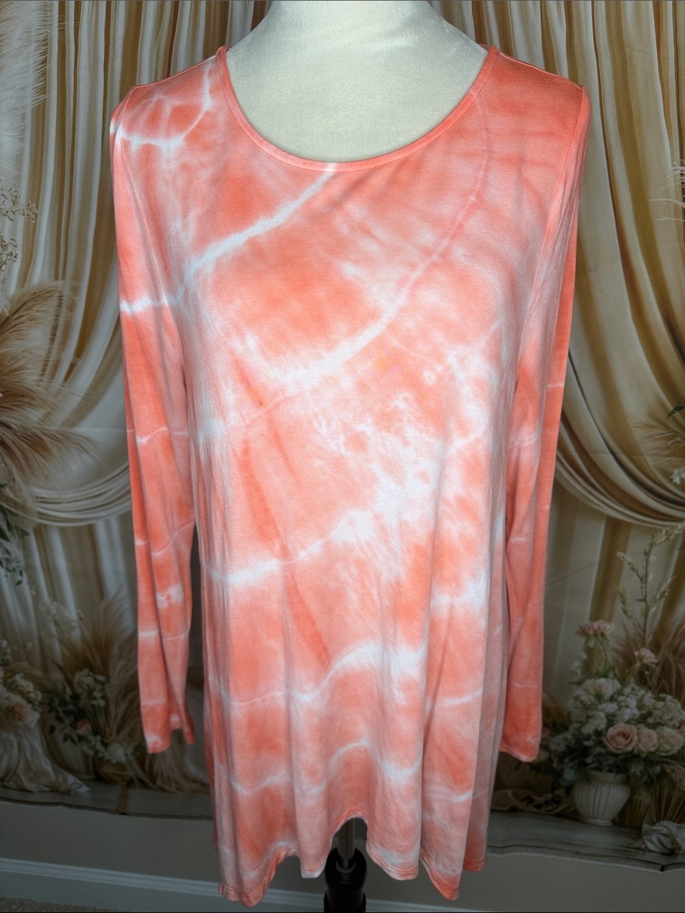 Soft Surroundings Coral and White Tie-Dye Long Sleeve Tee